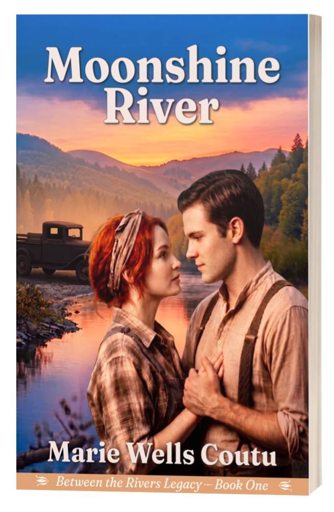 Paperback book cover of Moonshine River by Marie Wells Coutu, Book One in the Between the Rivers Legacy series.